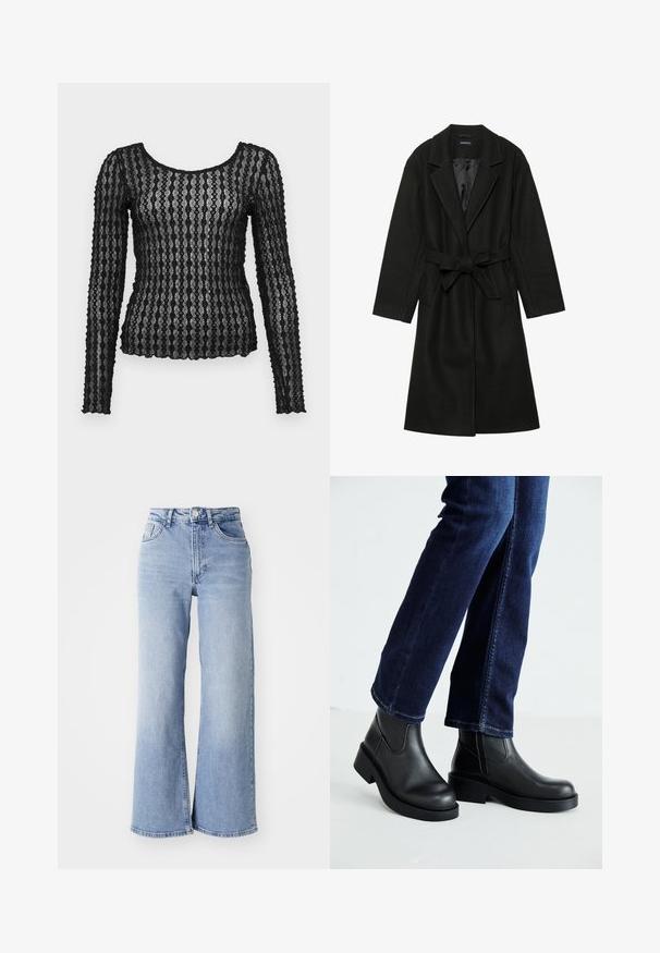 Even&Odd BELTED COAT - Classic coat - black; Black long-sleeve top made of sheer lace with textured zigzag pattern, featuring a scoop neckline and fitted silhouette.; Light blue high-waist wide-leg jeans with front and back pockets, button closure, and subtle fading on the thighs and hems.; Black leather ankle boots with a chunky sole and side elastic panels, paired with dark blue jeans. The ground is light-colored.