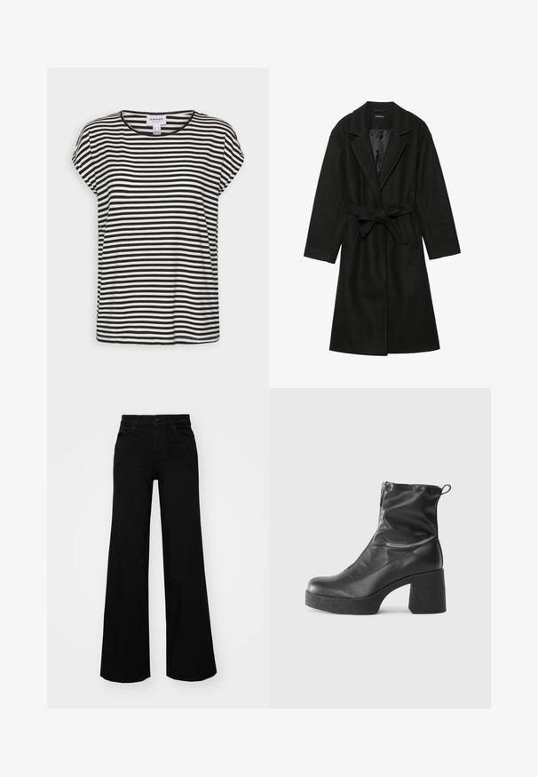 Even&Odd BELTED COAT - Klassischer Mantel - black; Schwarz-weißer gestreifter Kurzarm-T-Shirt mit Rundhalsausschnitt, lockerer Passform und weichem Baumwollstoff.; Schwarze weit geschnittene Hose aus Denim, mit einem strukturierten Bund, Gürtelschlaufen und Fronttaschen. Glatte Textur mit klassischem Design.; Schwarze Stiefeletten aus glattem Leder mit seitlichem Reißverschluss, klobigem strukturiertem Absatz und runder Zehenform.