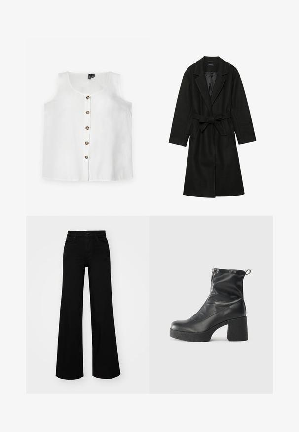 Even&Odd BELTED COAT - Klasisks mētelis - black; Balta bezpiegu augšdaļa, izgatavota no viegla auduma, ar apaļu kakla izgriezumu un priekšējo pogu aizdari, kas sastāv no sešām apaļām brūnām pogām.; Melni plaša kāju bikses, izgatavotas no džinsa, ar strukturētu jostu, jostu cilpiņām un priekšējām kabatām. Gluda tekstūra ar klasisku dizainu.; Melni potītes zābaki, kas izgatavoti no gludas ādas, ar sānu rāvējslēdzēju, masīvu strukturētu papēdi un noapaļotu purngalu.