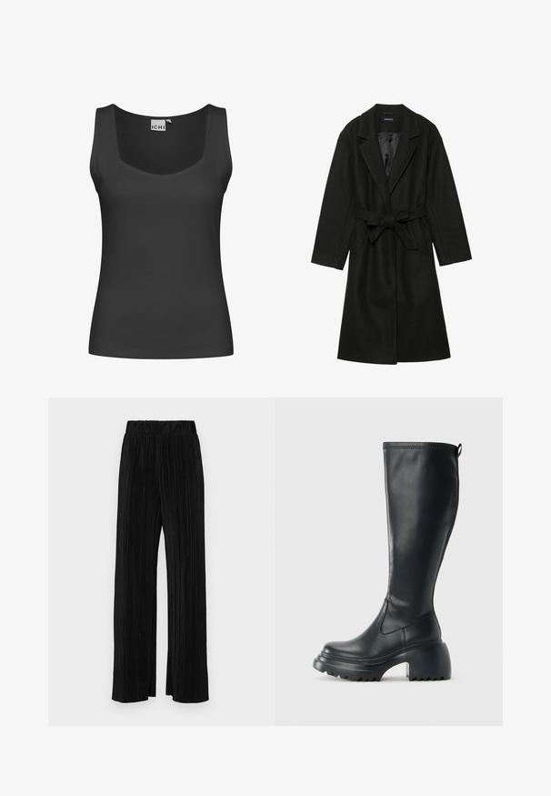 Even&Odd BELTED COAT - Klassikaline mantel - black; Must have varrukateta must T-särk ruudukujulise kaelusega ja ribakujulise tekstuuriga. Lihtne disain ilma kaunistuste või mustriteta.; Mustad pleekitud püksid elastse vöökohtaga. Omavad laiad jalad ja sujuvat, tekstureeritud kangast vertikaalsete triipudega.; Kõrge must nahksaapad, millel on massiivne platvormi tald ja blokk-kand, varustatud tõmbenööriga ja tekstuuriga väljatõmbejääk.