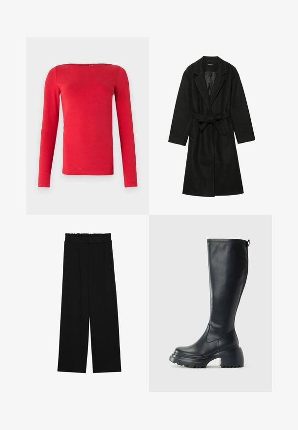 Even&Odd BELTED COAT - Klasisks mētelis - black; Sarkanais garo piedurkņu tops ar kvadrātveida kakla izgriezumu, izgatavots no gludas auduma. Dizains ir pieguļošs, ar taisnām piedurknēm un vienkrāsainu krāsu.; Melnas platās bikses ar volangām jostasvietā, ar divām sānu kabatām un gludu, vieglu audumu. Nav redzamu rakstu vai aksesuāru.; Augstas melnas ādas zābakus ar masīvu platformu un bloka papēdi, ar vilkšanas cilpu un strukturētu profilu uz ārējā zoles.