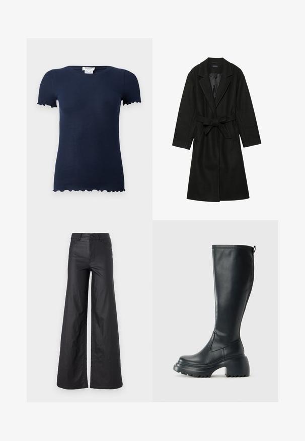 Even&Odd BELTED COAT - Klasszikus kabát - black; Sötétkék bordázott póló, fitted fazonban, rövid ujjakkal és hullámos szegélyekkel az ujjak végén és az alján. Puha, rugalmas anyag.; Fekete, bő szabású nadrág mesterséges bőrből. Jellemzője a magas derék, övhurkok, két elülső zseb és varrott részletek.; Magas fekete bőrcipő, vastag platform talppal és blokk sarokkal, húzófüllel és texturált profillal az outsole-on.