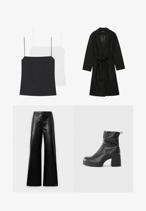 Even&Odd BELTED COAT - Klasszikus kabát - black; Két camisole top látható: egy fekete és egy fehér. Mindkettő vékony pántokkal és testhez simuló kialakítással rendelkezik, sima, rugalmas anyagból készültek.; Fekete, magas derekú, széles lábú, műbőr nadrág elülső gombbal, cipzárral, övbújtatókkal és oldalsó zsebekkel, fehér háttérrel.; Fekete bokacsizmák sima bőrből, oldalsó cipzárral, vastag, texturált sarkú és lekerekített orrú dizájnnal.