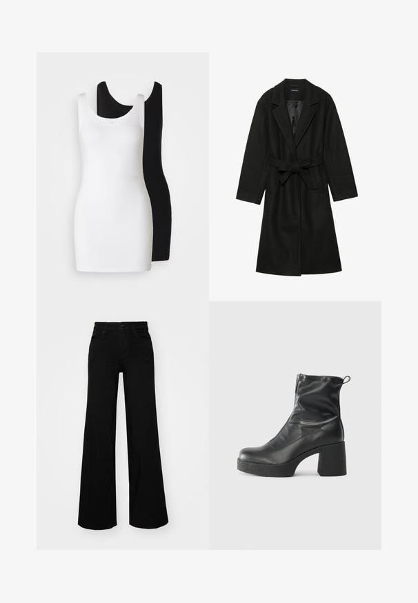 Even&Odd BELTED COAT - Klassisk frakke - black; To slevet tanktoppe: én hvid og én sort, lavet af blødt, strækbart stof med en rund halsudskæring og tætsiddende design.; Sorte bukser med bred benvidde lavet af denim, med en struktureret talje, bæltesløjfer og forlommer. Glat tekstur med et klassisk design.; Sorte ankelstøvler lavet af glat læder, med en sidelukning, kraftig struktureret hæl og rundt tådesign.