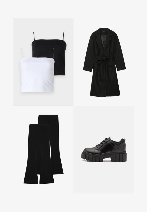 Even&Odd BELTED COAT - Classic coat - black; Two fitted camisole tops in black and white. Made of soft fabric with thin, adjustable straps. Smooth texture, simple design, no notable patterns.; Black flared pants made of stretch fabric, featuring a high waistband and a smooth texture, with a fitted design that flares from the knee.; Black leather platform shoes with a chunky block heel, round toe, and traditional lace-up design. Features smooth texture and minimal detailing.