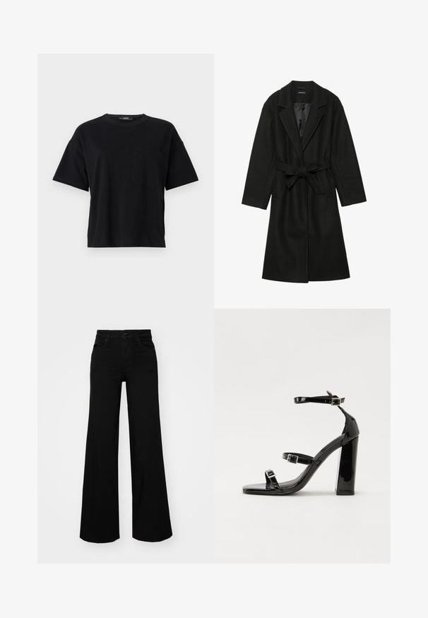 Even&Odd BELTED COAT - Klassisk kåpe / frakk - black; Svart bomulls t-skjorte med rund hals, korte ermer og lomme på venstre bryst. Har en avslappet passform og sømmer som er sydd.; Svart vide bukser laget av denim, med en strukturert midjebånd, beltestropper og frontlommer. Glatt tekstur med et klassisk design.; Svart høyglans sandaler med hæl, firkantet tå, ankelremmer og sølvspenner. Har en kraftig blokkhæl for stabilitet.