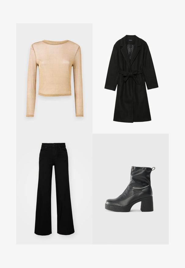 Even&Odd BELTED COAT - Klassisk kåpe / frakk - black; Langermet cropped topp i metallisk gullstoff med teksturert overflate. Har rund halslinning og sømmer på kantene.; Svart vide bukser laget av denim, med en strukturert midjebånd, beltestropper og frontlommer. Glatt tekstur med et klassisk design.; Svarte ankelstøvler laget av glatt lær, med glidelås på siden, chunky strukturert hæl, og rund tå-design.
