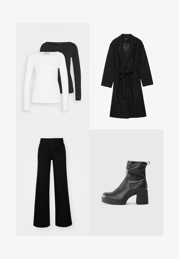 Even&Odd BELTED COAT - Klassisk kåpe / frakk - black; To lange ermer crewneck skjorter, en hvit og en svart, lagd med hvit skjorte foran på ensfarget bakgrunn.; Svart vide bukser laget av denim, med en strukturert midjebånd, beltestropper og frontlommer. Glatt tekstur med et klassisk design.; Svarte ankelstøvler laget av glatt lær, med glidelås på siden, chunky strukturert hæl, og rund tå-design.
