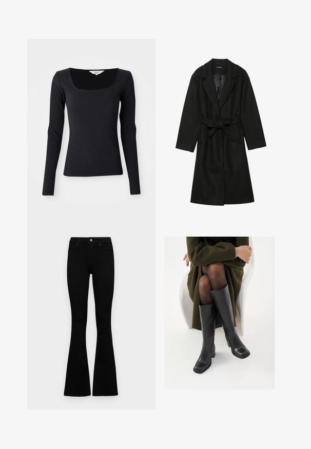 Even&Odd BELTED COAT - Classic coat - black; Black long-sleeve ribbed top with a square neckline, made of stretchy material, fitted design, and solid color without patterns or embellishments.; Black high-waist jeans with a button and zip closure, front pockets, and flared legs laid flat on a white background.; Knee-high black leather boots with a squared toe and block heel, shown with a model seated in an olive green coat. Smooth texture, minimal detailing.