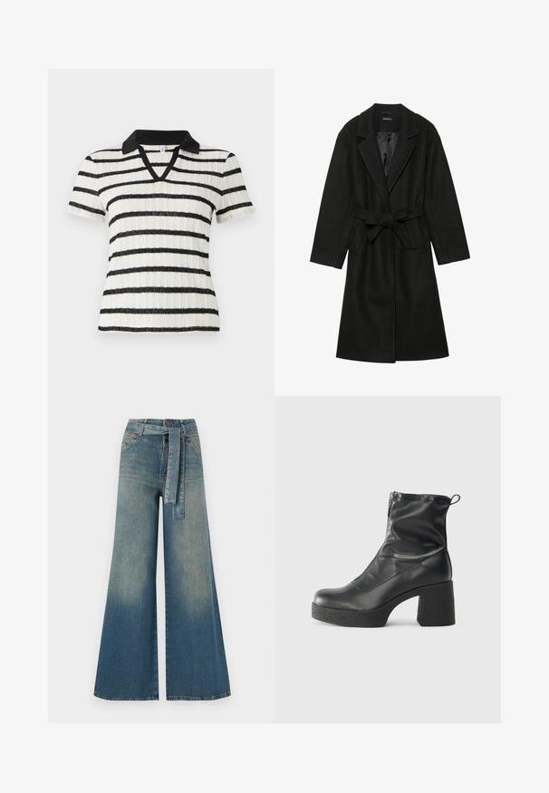 Even&Odd BELTED COAT - Klasický kabát - black; Biela polovičná košeľa s čiernymi horizontálnymi pruhmi a čiernym polo golierom. Strih do V so rebrovanou textúrou.; Džínsy s širokými nohavicami, ktoré majú prechod od svetlomodrej po tmavomodrú, vysoký pás, pútka na opasok a opasok z rovnakého materiálu. Textúrovaný denimový povrch.; Čierne členkové topánky z hladkej kože, so bočným zipsom, robustnou textúrovanou pätnou časťou a zaobleným dizajnom špičky.