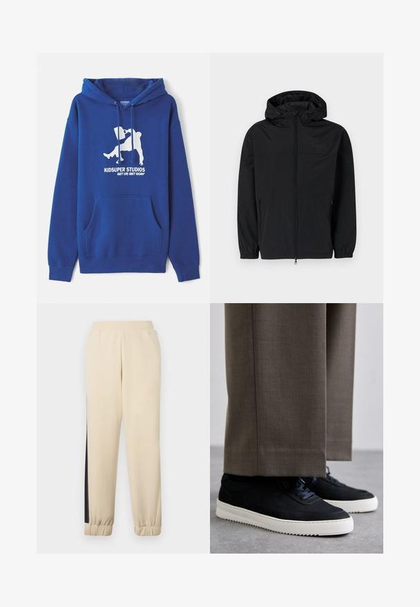 Svart hettejakke laget av lett, matt stoff. Har glidelås, elastiske mansjetter og sidelommer. Diskret logo på brystet.; Blå hettegenser laget av bomullsblanding, med en frontlomme i kengurustil, snor, og hvitt grafisk trykk med merkenavn og slagord.; Kremfargede joggebukser med svarte sidehåndtak, elastisk midje og ribbede mansjetter. Mykt stoff med en avslappet passform.; Svarte suedeglans sneakers med hvite gummisåler, med rund tå og lisser, iført grå skreddersydde bukser.