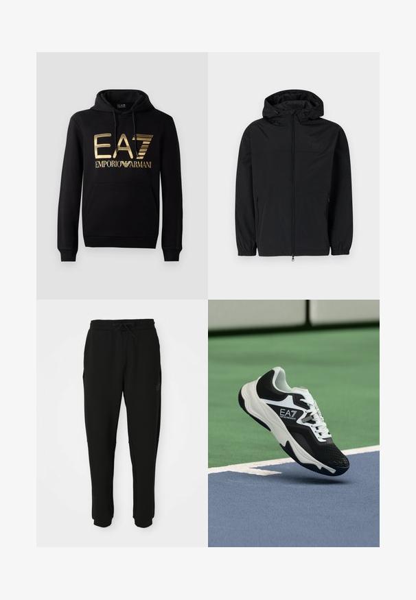 Casaco preto com capuz, feito de um tecido leve e mate. Apresenta um fecho de zip, punhos elásticos e bolsos laterais. Logótipo subtil no peito.; Moletom preto com o logótipo dourado da EA7 e o texto "EMPORIO ARMANI" na frente. Inclui um bolso canguru frontal e capuz com cordão.; Calças de fato pretas, ajustadas, com cintura elástica e cordão, bolsos laterais e tornozelos com punhos, vista frontal.; Ténis EA7 Emporio Armani a preto e branco suspenso acima das linhas azuis e verdes de um tribunal de ténis.