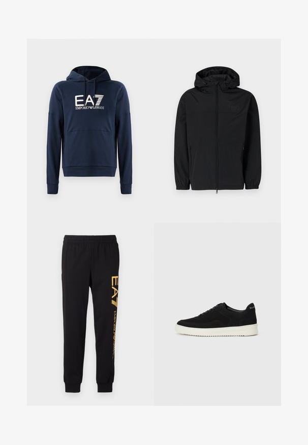 Svart hettejakke laget av lett, matt stoff. Har glidelås, elastiske mansjetter og sidelommer. Diskret logo på brystet.; Mørkeblå hettegenser laget av mykt stoff, med kengurulomme, ribbestrikkede mansjetter og EA7 Emporio Armani-logo foran.; Sorte joggebukser laget av myk stoff, med elastisk midje og ribbede ankler. Gul merkevaretrykk vertikalt på venstre bein.; Svart semsket sneakers med snøring og kontrasterende hvit gummisåle. Har teksturerte sidepaneler og subtil merkevare på hælen.