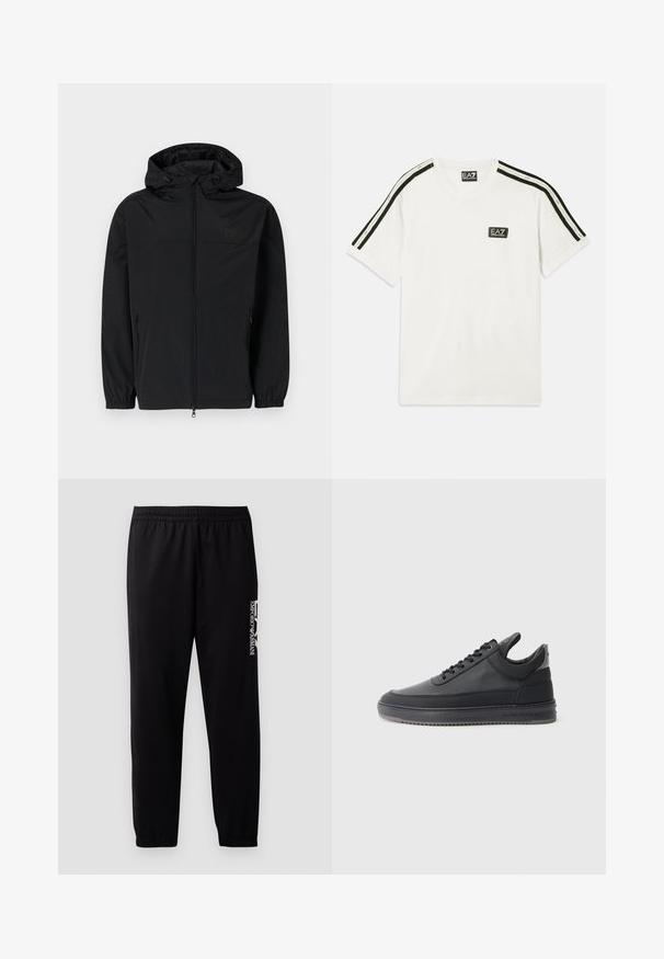 Black hooded jacket made of lightweight, matte fabric. Features a zip closure, elastic cuffs, and side pockets. Subtle logo on chest.; White cotton t-shirt featuring a round neckline, short sleeves, black accent stripes on the shoulders, and a small EA7 logo on the chest.; Black athletic pants made of smooth fabric, featuring an elastic waistband and cuffs, and a contrasting logo printed on the side.; Black leather sneakers with a textured surface, lace-up design, a low top, and a grey rubber sole featuring a ridged edge.