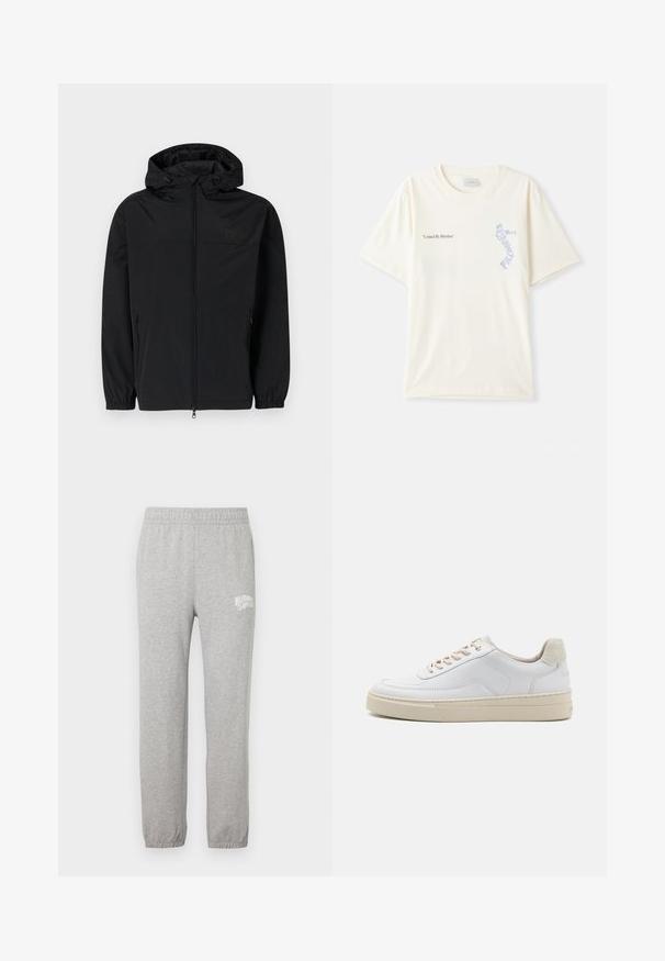Svart hettejakke laget av lett, matt stoff. Har glidelås, elastiske mansjetter og sidelommer. Diskret logo på brystet.; Hvit bomull t-skjorte med korte ermer, med teksten "United By Rhythm" i svart og blå grafikk på brystet. Rund halsdesign.; Grå bomullssweatpants med elastisk midje og avsmalnende ben. Har en hvit logo på venstre lår. Glatt tekstur.; Hvit sneaker med en glatt skinnoverdel, beige snørebånd og en teksturert beige semsket hælflik. Hevet såle for ekstra høyde.