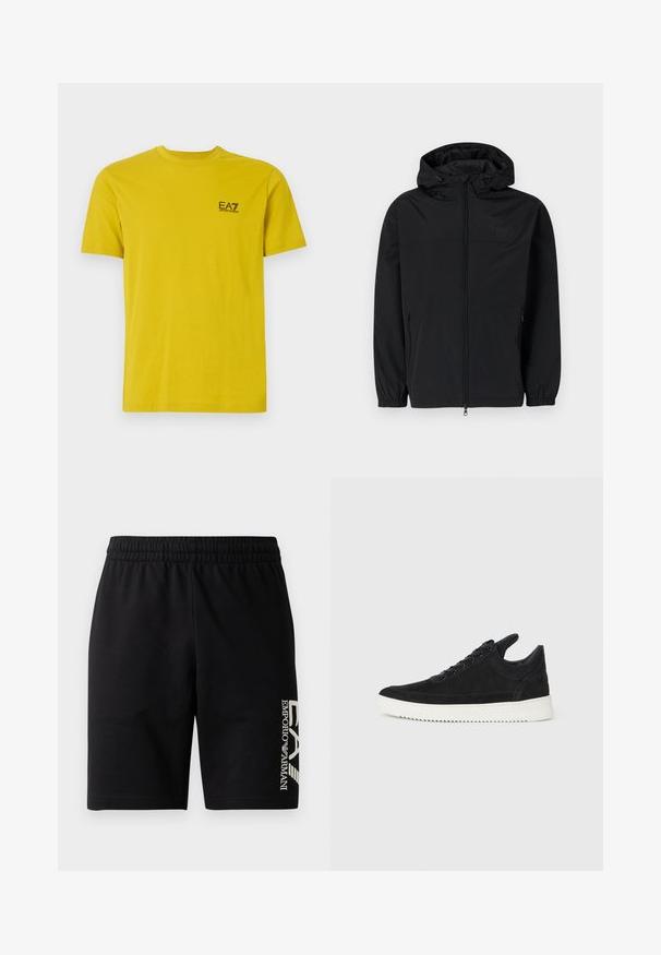 Black hooded jacket made of lightweight, matte fabric. Features a zip closure, elastic cuffs, and side pockets. Subtle logo on chest.; Yellow cotton t-shirt with short sleeves. Features a black EA7 Emporio Armani logo on the left chest. Smooth texture and crew neckline.; EA7 Emporio Armani TRAIN VISIBILITY  - Shorts - black/cream; Black suede sneaker with a white rubber sole, featuring tonal stitching and lace-up design. Smooth texture with a modern, streamlined shape.