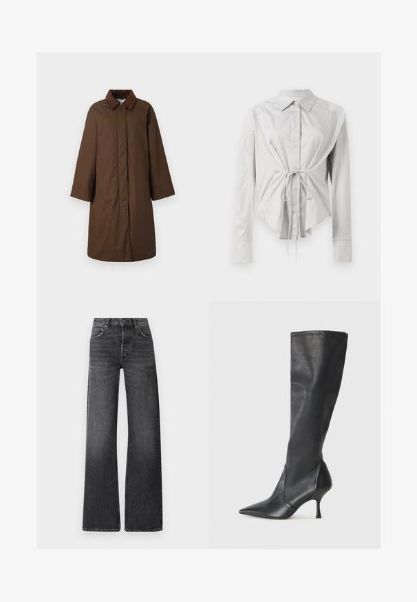 Abrigo marrón con un cuello clásico, mangas largas y corte recto, hecho de una tela suave con un brillo sutil.; Camisa de manga larga gris claro con cintura ajustada, cierre de botones en la parte delantera y detalle de lazo en la cintura. Fabricada con una tela suave y con un cuello clásico.; Jeans de mezclilla negra con una cintura alta y un diseño de pierna ancha. Cuenta con cinco bolsillos y una textura sutilmente desgastada con acentos de costura en contraste.; Botas de cuero negro hasta la rodilla con punta afilada y tacón de aguja delgado. Textura suave con un diseño ajustado y costuras en el borde superior.