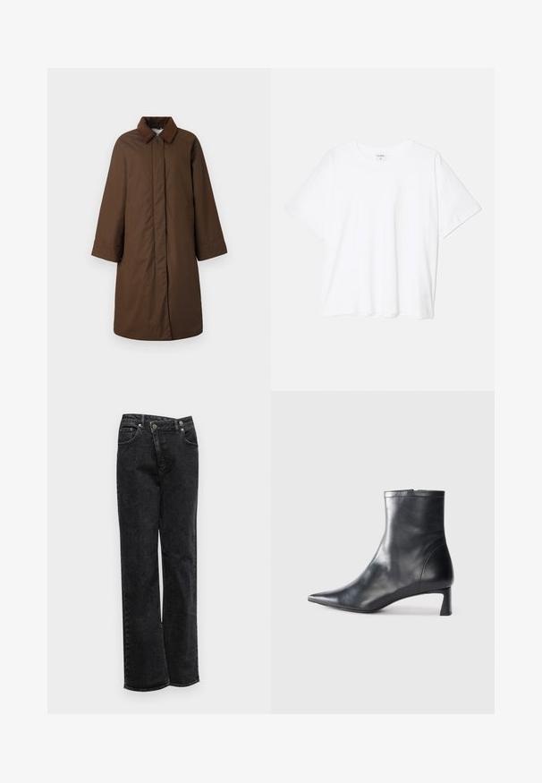 Casaco castanho com colarinho clássico, mangas longas e corte reto, feito de um tecido suave com um brilho subtil.; T-shirt de algodão branco com mangas curtas, decote redondo, corte descontraído e bainha cosida. Etiqueta visível no interior do pescoço.; Calças de ganga pretas com corte de perna reta, apresentando fecho de botão, cinco bolsos, textura subtil e bainhas não esticadas.; Bota de tornozelo em pele preta com biqueira apontada e um design elegante. Apresenta um salto baixo e um fecho com zipper na parte de trás. Textura suave.
