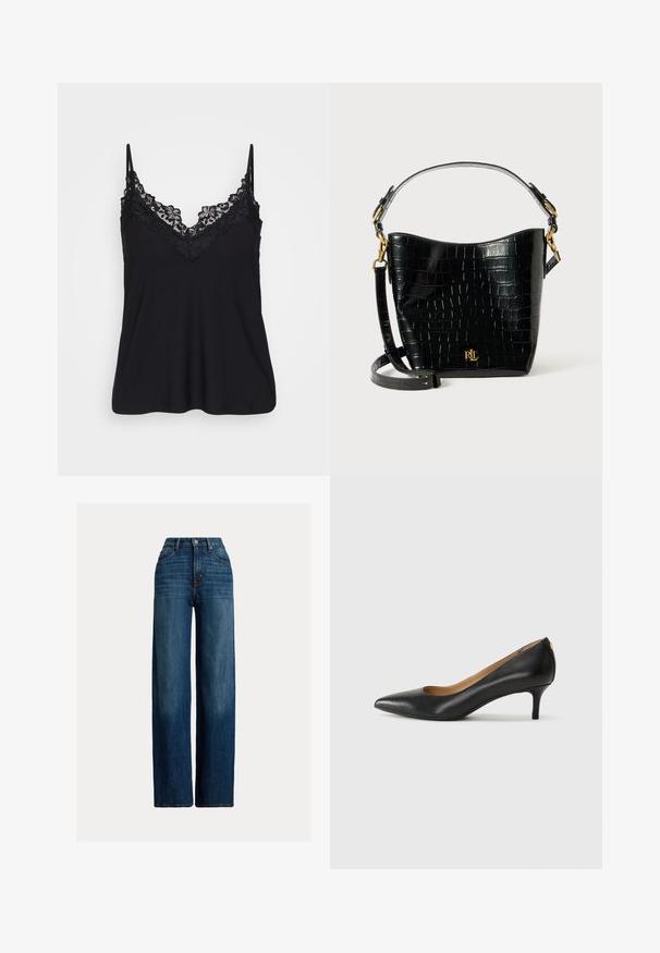 Crni kaput od pamučne tkanine s ovratnikom, s kopčanjem na gumbe, dva prednja džepa i sjajnim crnim gumbima. Glatka, teksturirana tkanina.; Crna majica bez rukava s čipkastim detaljima uz izrez i naramenice; mekan materijal s lepršavim dizajnom za opušteno pristajanje.; Široke traperice u tamnoplavoj boji. Imaju visoki struk, zatvaranje na dugme i klasičan dizajn s pet džepova. Glatka tekstura s suptilnim izbljeđenjem.; Crne kožne cipele s uskim vrhom, niskom petom i glatkom teksturom. Imaju blago otvaranje sprijeda i minimalne metalne detalje straga.; Crna torba od kože s uzorkom krokodila, zakrivljenog oblika, s zlatnim metalnim detaljima, podesivim remenom i logotipom sprijeda.