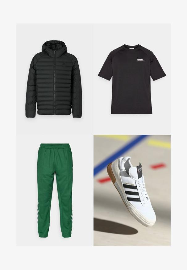 Schwarze Steppjacke mit Kapuze, ausgestattet mit einem gesteppten Design, Reißverschluss und seitlichen Taschen. Hergestellt aus leichtem, wasserabweisendem Material.; Schwarz kurzärmliges T-Shirt aus weichem Stoff, mit einem weißen 'hummel'-Logo auf der linken Brust und Raglanärmeln.; Grüne Sporthosen mit elastischem Bund, Seitentaschen und weißen, schrägen Streifen an den unteren Seiten. Glatte Stofftextur.; Weiße Adidas Mundial Goal Sneaker mit schwarzen Streifen und Gummisohle, die in der Luft über einem Sportboden mit bunten Linien gezeigt werden.