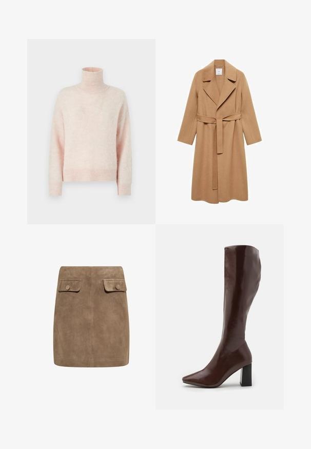 Kamelhaarfarbener Wollmantel mit taillierter Passform, langen Ärmeln, weitem Kragen und passendem Gürtel in der Taille. Strukturierte Stoffoberfläche.; Helles rosa Sweatshirt mit hohem Rollkragen, langen Ärmeln und einer weichen, strukturierten Oberfläche. Mit gerippten Manschetten und Saum.; Brauner Wildleder-Minirock mit glatter Textur, ausgestattet mit zwei vorderen Klappentaschen und Druckknopfverschlüssen an beiden Seiten. Schlichtes, gerades Design.; RAID HETTIE - Stiefel - brown