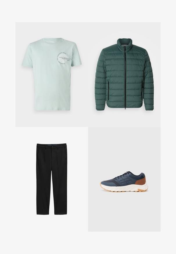 Zaļš pūkains džekets ar horizontālām šuvēm, augstu apkakli, pilnu rāvējslēdzēju priekšā un divām sānu kabatām ar rāvējslēdzējiem. Gluda tekstūra bez rakstiem.; Gaišmintzaļa īsām piedurknēm T-krekls ar apaļu izgriezumu, uz kura priekšpuses ir drukāts teksts tumši zilā krāsā. Izgatavots no mīksta kokvilnas auduma.; Melnas bikses ar taisnu piegriezumu, izgatavotas no teksturēta auduma. Tām ir divas priekšējās kabatas un pogu aizdare jostasvietā.; Jūras zila sporta apavi ar brūnu papēža akcentu, teksturēta sieta augšdaļa, mīkstināta apkakle un balta gumijas zole ar rakstainu protektoru.