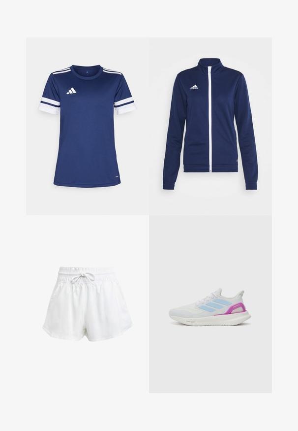 Marine zip-up jacket i myk, teksturert stoff; har høy krage og hvit glidelås. Adidas-logo i hvitt på venstre bryst.; Mørkeblå trenings t-skjorte laget av syntetisk stoff. Har hvite striper på ermene og adidas-logo på brystet. Korte ermer, rund hals.; Hvite sportsbukser med elastisk midje og justerbar snor. Laget av lett materiale, med sidelommer og løs passform.; adidas Performance PUREBOOST 5 - Løpesko for vei - white/glow blue/purple burst