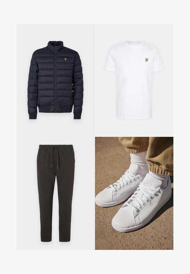 Námornícka pufrová bunda s vysokým golierom, horizontálnou štepovanou textúrou, zipsom vpredu a rebrovanými manžetami. Obsahuje malé zlaté logo na prsiach.; Biela bavlnená tričko s malým vyšívaným logom čiernej a žltej farby na pravej strane hrude. Krátke rukávy a okrúhly výstrih.; Tmavošedé tepláky vyrobené z mäkkej látky, s elastickým pásom a šnúrkou na stiahnutie, so zúženými nohavicami a elastickými manžetami na členkoch.; Biele kožené tenisky s hladkým povrchom, disponujú klasickým šnurovacím dizajnom, perforáciami na priedušnosť a textúrovanou gumovou podrážkou.