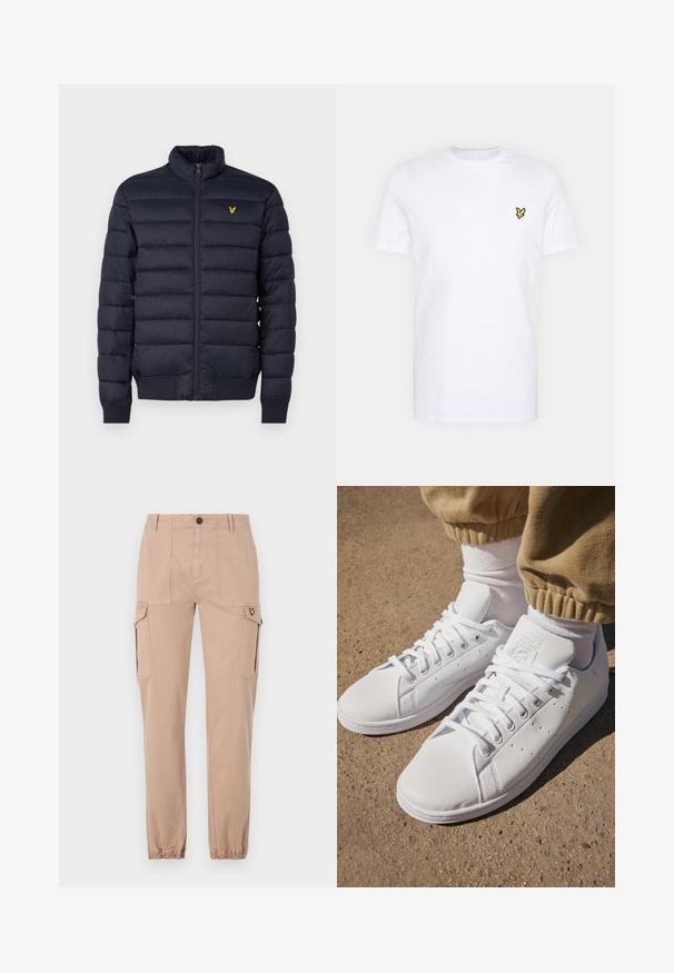 Navy puffer jacket with a high neck, horizontal stitched texture, zip front, and ribbed cuffs. Features a small golden logo on the chest.; White cotton T-shirt featuring a small black and yellow embroidered logo on the left chest. Short sleeves and a crew neckline.; Beige cargo pants with a slim fit, featuring two side pockets and elasticized cuffs. Soft cotton fabric, plain design with no patterns.; White leather sneakers with a smooth surface, featuring a classic lace-up design, perforations for breathability, and a textured rubber outsole.