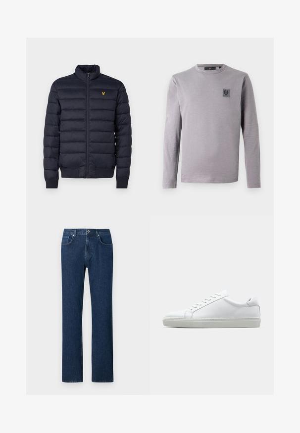 Tumesinine puffjakker kõrge kaelusega, horisontaalsed õmblustekstid, lukuga ees ja soonikkäised. Rinnal on väike kuldne logo.; Hall hall varrukatega T-särk pehmest puuvillast. Omadused on ümar kaelus ja väike tume silt rinnal. Sile tekstuur, vabaajalisem disain.; Tumed sinine teksariided sirge lõikega, millel on esine nupuvärk, vöökonksud ja standardne taskudisain.; Valge tennisetoss, millel on sile nahk pealis ja madal profiil. Omab ümarat ninaosa, kuut silmust ja tekstuuriga kummist talda.