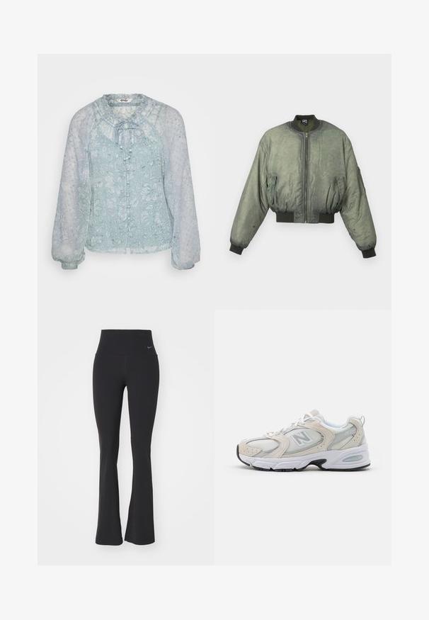 Zelená bomber bunda so zipsom vpredu, ribbovanými manžetami a lemom a dvoma bočnými vreckami. Hladká, mierne štruktúrovaná tkanina. Krátky dizajn.; Svetlomodrá blúzka vyrobená z priehľadnej látky s kvetinovými vzormi, so zberaným výstrihom, viazaním a puffovanými dlhými rukávmi.; Čierne jogové nohavice s vysokým pásom, vyrobené z elastického materiálu. Majú rozšírený strih a malú Nike logo na páse.; Športová obuv s hornou časťou zo svetlošedého sieťového materiálu so semišovými akcentmi, bielymi šnúrkami a čiernou gumovou podrážkou. Výrazný detail odpruženia ABZORB.