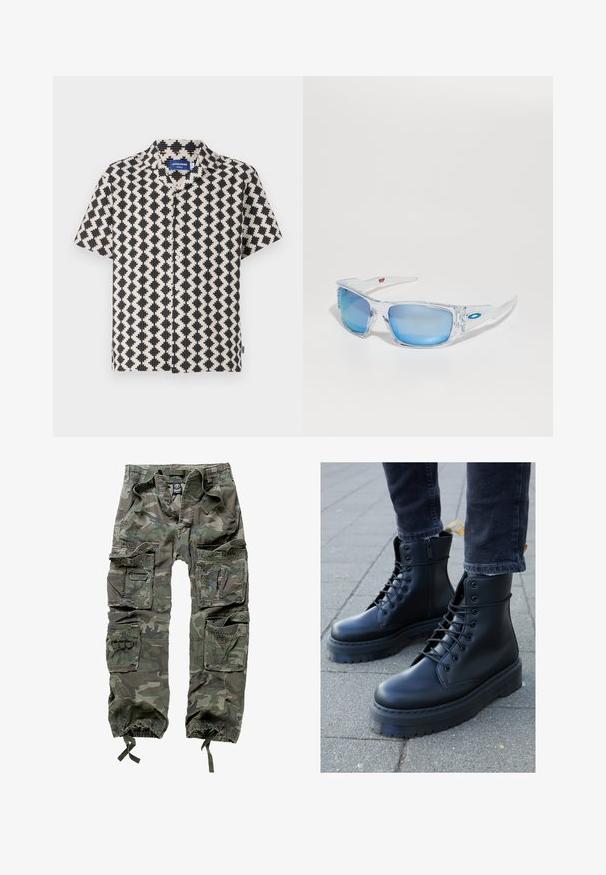 Groene bomberjack met een ritssluiting aan de voorkant, ribgebreide manchetten en zoom, en twee zijzakken. Glad, lichtjes textuurgegeven stof. Cropped ontwerp.; Korte mouw shirt in een crème en zwart geometrisch patroon. Kenmerkt zich door een kraag en een sluiting met knopen aan de voorkant. Gemaakt van lichte stof.; Cargo broek met camouflagepatroon van katoen, met meerdere zakken, elastische boorden en een losse pasvorm met een trekkoord in de taille.; Zwarte leren gevechtslaarzen met een stevige, gegroefde zool, vetersluiting aan de voorkant en een rits aan de zijkant, met een geaccentueerde trekband.; Zonnebril met heldere monturen, blauw gespiegeld glazen, hoekig ontwerp en een blauwe logo-accent aan de zijkant, met een gestroomlijnd profiel.; Rode katoenen bandana met witte paisleypatronen, in een driehoekige vorm en met een opvallend geknoopt detail aan de bovenkant.
