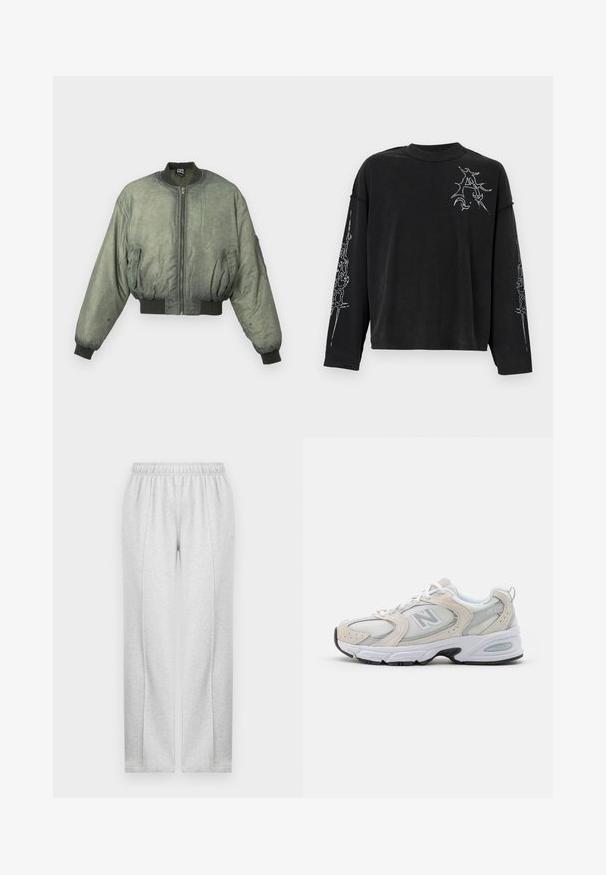 Groene bomberjack met een ritssluiting aan de voorkant, ribgebreide manchetten en zoom, en twee zijzakken. Glad, lichtjes textuurgegeven stof. Cropped ontwerp.; Zwarte longsleeve t-shirt gemaakt van katoen, met witte grafische ontwerpen op de linkerkant van de borst en op beide mouwen. Ruime pasvorm met ronde hals.; Grijze sweatpants met een elastische tailleband, rechte pijpen en subtiele zijnaad. Gemaakt van zachte, lichtgewicht stof. Minimalistisch ontwerp.; Atletiekschoen met een lichtgrijs mesh bovenwerk en suede accenten, witte veters en een zwarte rubberen zool. Opvallend ABZORB dempingdetail.