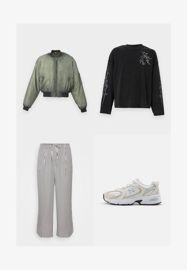 Zelena bomber jakna z zadrgo spredaj, rebrastimi manžetami in robom ter dvema stranskima žepoma. Gladka, rahlo teksturirana tkanina. Skrajšana zasnova.; Dolga majica črna iz bombaža, z belimi grafičnimi vzorci na levem prsnem delu in obeh rokavih. Ohlapen kroj s krožnim izrezom.; Skrajne hlače z elastičnim pasom in vrvico, ki imajo vertikalne mornarsko modre in bele črte, prikazane na enostavni beli podlagi.; Atletski čevlji z lahkotnim sivim mrežastim zgornjim delom in usnjenimi poudarki, belimi vezalkami in črnim gumijastim podplatom. Opazna podrobnost ABZORB blaženja.