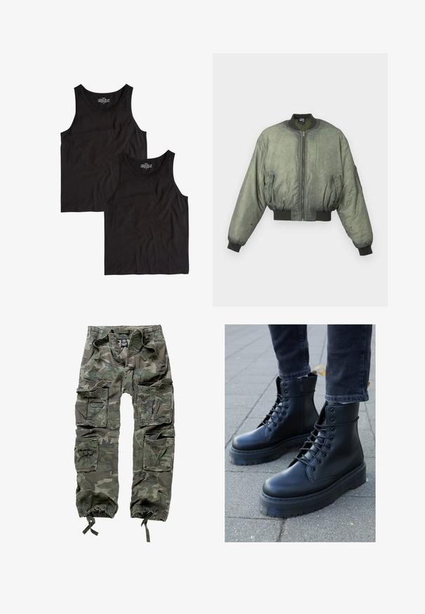 Giacca bomber verde con zip frontale, polsini e orlo a coste, e due tasche laterali. Tessuto liscio, leggermente texture. Design cropped.; Due due canotte nere in cotone, con un semplice scollo rotondo e design senza maniche, posate piatte con una texture liscia.; Pantaloni cargo mimetici in cotone, dotati di numerose tasche, polsini elasticizzati e una vestibilità ampia con vita regolabile tramite cordino.; Stivali da combattimento in pelle nera con suola spessa e rigata, lacci frontali e una cerniera laterale, dotati di un pratico tirante decorativo.