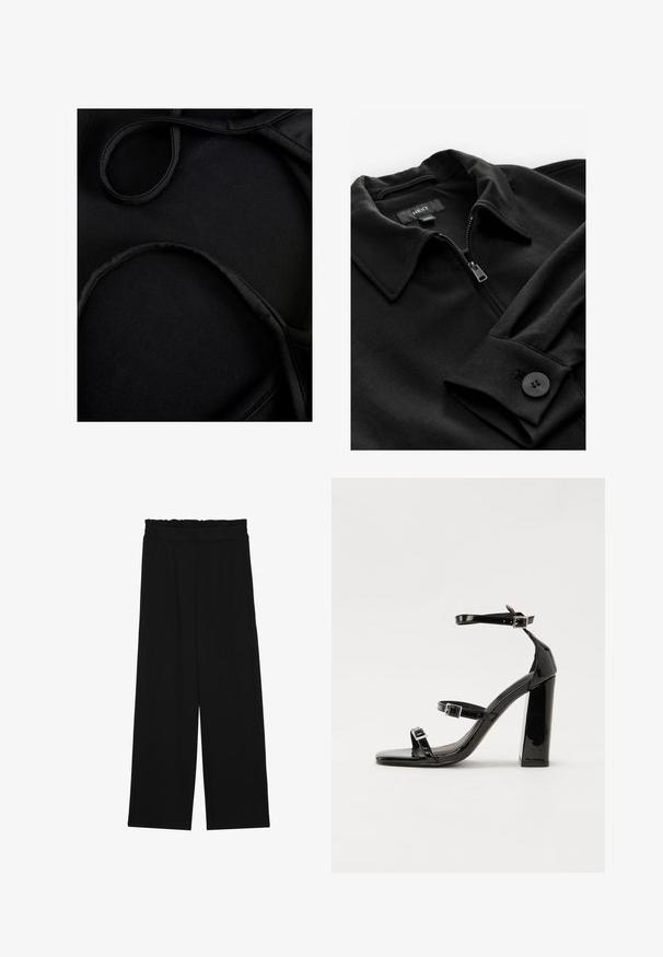 Melnas zīmuļa krekls ar apkakli, gluda tekstūra un pogām pie aproces. Iekšējo apkakles daļā ir zīmola etiķete.; Melnā peldēšanas auduma, kas izceļas ar gludu tekstūru, izliektiem siksniņām un plakaniem šuvēm, kas izstrādāts komfortam un elastībai lietošanas laikā.; Melnas platās bikses ar volangām jostasvietā, ar divām sānu kabatām un gludu, vieglu audumu. Nav redzamu rakstu vai aksesuāru.; Melni lakoti augstpapēžu sandales ar divām sprādzēm, kvadrātveida purngalu un masīvu papēdi, ar gludu, spīdīgu virsmu.