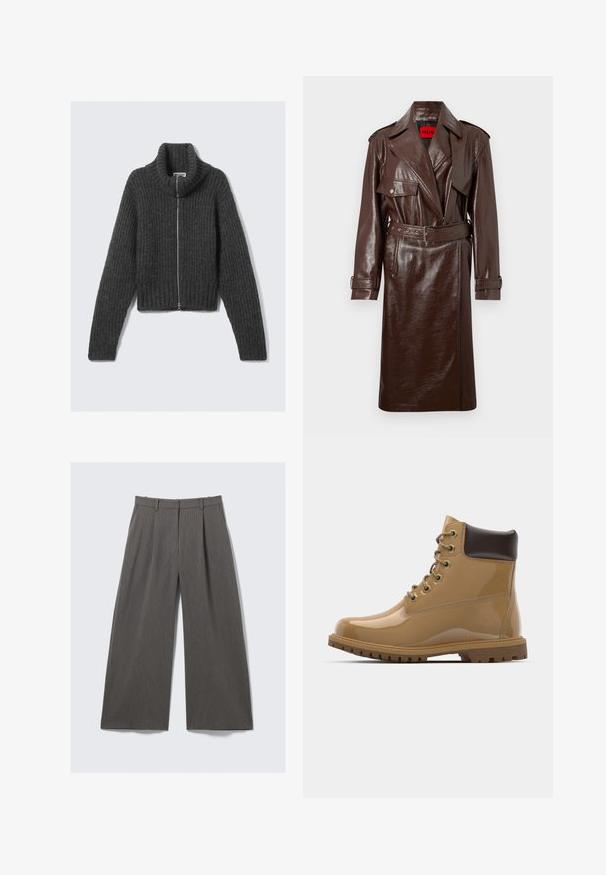 Trench coat in ecopelle marrone con vita regolabile, ampie rever e tasche frontali. Presenta una superficie lucida e testurizzata e polsini con bottone.; Maglione zip-up grigio scuro lavorato a maglia grosso con colletto alto e maniche lunghe, steso su uno sfondo chiaro.; Camicia bianca a maniche lunghe in cotone morbido con colletto classico, chiusura frontale con bottoni e dettaglio logo discreto sul petto sinistro.; Pantaloni larghi grigi a righe con passanti per cintura e pieghe, presentati piatti su uno sfondo bianco.; Stivali alla caviglia in vernice tan con accenti marroni, punta tonda, sei occhielli in metallo, lacci marroni e suola in gomma testurizzata.