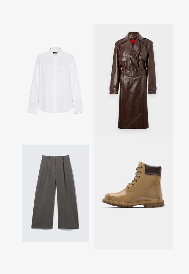 Trench coat in ecopelle marrone con vita regolabile, ampie rever e tasche frontali. Presenta una superficie lucida e testurizzata e polsini con bottone.; Camicia bianca a maniche lunghe in cotone morbido con colletto classico, chiusura frontale con bottoni e dettaglio logo discreto sul petto sinistro.; Pantaloni larghi grigi a righe con passanti per cintura e pieghe, presentati piatti su uno sfondo bianco.; Stivali alla caviglia in vernice tan con accenti marroni, punta tonda, sei occhielli in metallo, lacci marroni e suola in gomma testurizzata.