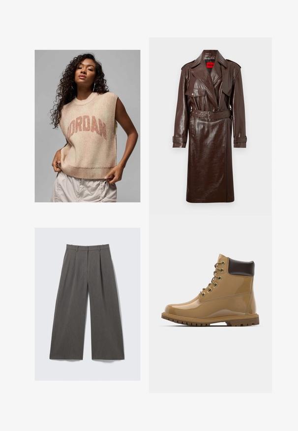 Brun imitation læder trench coat med bælte i taljen, store revers og frontlommer. Har en skinnende, tekstureret overflade og knapmanchetter.; Lys beige ærmeløs sweater med ribstruktur, der har et fremtrædende "JORDAN" logo i mørkere beige. Casual design med løst fit.; Hvid langærmet skjorte i blødt bomuld med klassisk krave, knaplukning fortil og subtil logo-detalje på venstre bryst.; Grå stribede bredbenede bukser med bæltestropper og stikninger, præsenteret fladt mod en hvid baggrund.; Tan laklæder ankelstøvler med brune accenter, rund tå, seks metaløjer, brune snørebånd og struktureret gummisål.