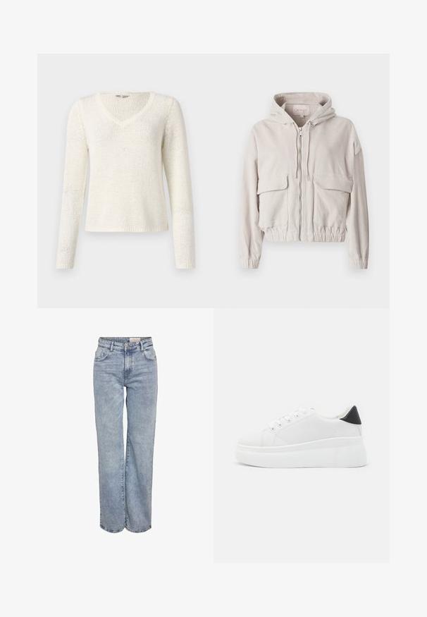 Beige corduroy jas met een capuchon, voorrits, twee borstzakken en een elastische onderrand en manchetten. Zachte textuur met zichtbaar ribbelpatroon.; V-hals, lange mouwen trui in off-white breiwerk. Kenmerken een relaxed fit, een getextureerd patroon en een eenvoudige zoom. Lichtgewicht stof.; Lichtblauwe wijde jeans gemaakt van denim, met een hoge taille, vijf zakken en subtiele vervaging voor een versleten uitstraling.; Witte platform sneakers van glad synthetisch materiaal, met een afgeronde neus, vetersluiting en een gestructureerde rubberen zool. Zwarte hielaccent.