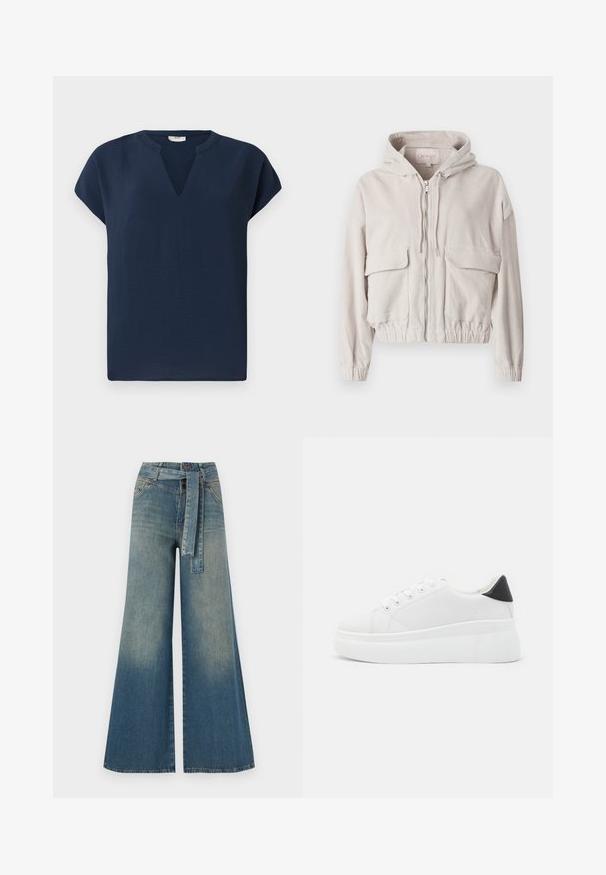 Bežová kordúrová bunda s kapucňou, predným zipsom, dvoma vreckami na hrudi a elastickým lemom a manžetami. Mäkka textúra s viditeľným rebrovaným vzorom.; Námornícky modrý top s krátkym rukávom a výstrihom do V, vyrobený z ľahkého materiálu. Má voľný strih a jemný pad.; Džínsy s širokými nohavicami, ktoré majú prechod od svetlomodrej po tmavomodrú, vysoký pás, pútka na opasok a opasok z rovnakého materiálu. Textúrovaný denimový povrch.; Biele platformové tenisky vyrobené z hladkého syntetického materiálu, so zaoblenou špičkou, šnurovacím dizajnom a textúrovanou gumovou podrážkou. Čierny akcent na päte.