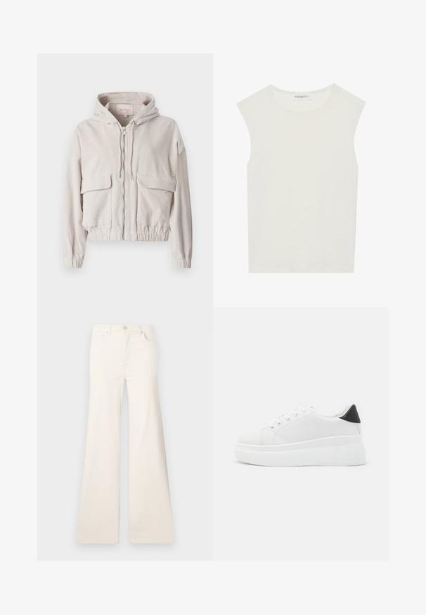 Beige corduroy jas met een capuchon, voorrits, twee borstzakken en een elastische onderrand en manchetten. Zachte textuur met zichtbaar ribbelpatroon.; Witte mouwloze top met een ronde halslijn. Gemaakt van gladde stof, het heeft een losse pasvorm en een minimalistisch ontwerp. Geen patronen of accenten.; ONLY ONLMADISON WIDE - Wide leg - ecru; Witte platform sneakers van glad synthetisch materiaal, met een afgeronde neus, vetersluiting en een gestructureerde rubberen zool. Zwarte hielaccent.