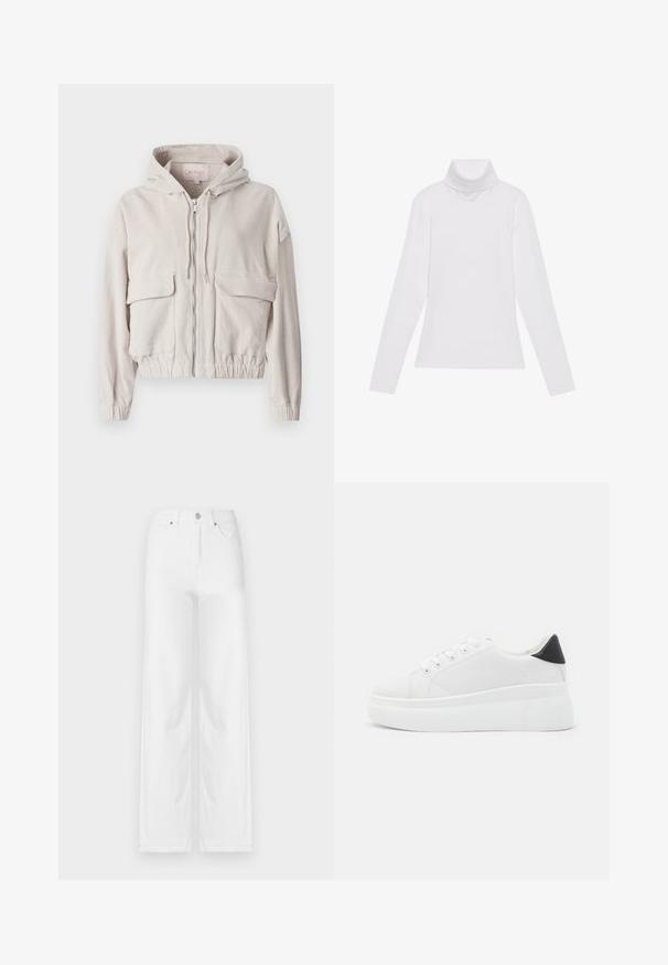Jaqueta de corduroy bege com capuz, fecho frontal, dois bolsos no peito e bainhas e punhos elásticos. Textura suave com padrão ribado visível.; Camisola de gola alta de mangas longas, feita de um tecido liso e elástico. Apresenta um colarinho alto e um design ajustado, sem padrões ou adornos visíveis.; Calças largas brancas feitas de denim, com fecho frontal por botão, passantes para cinto e quatro bolsos, apresentando uma textura limpa e suave.; Tênis plataforma brancos feitos de material sintético suave, apresentando ponta arredondada, design com cadarços e sola de borracha texturizada. Acento preto no calcanhar.