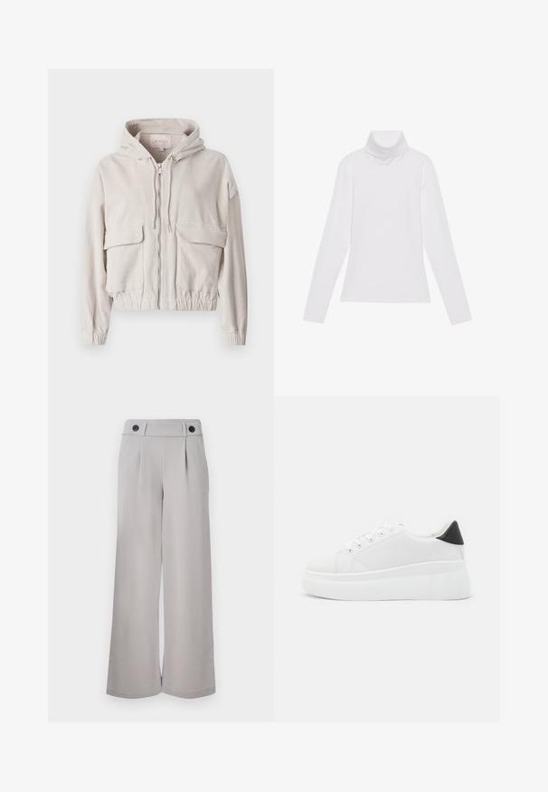 Bežová kordúrová bunda s kapucňou, predným zipsom, dvoma vreckami na hrudi a elastickým lemom a manžetami. Mäkka textúra s viditeľným rebrovaným vzorom.; Biely dlhý rukáv v štýle roláka vyrobený z hladkej, elastickej tkaniny. Má vysoký golier a priliehavý strih, bez viditeľných vzorov alebo ozdôb.; Svetlosivé široké nohavice vyrobené z hladkej látky, s plochým predným dielom, dvoma skladmi a dvoma čiernymi gombíkmi na opasku.; Biele platformové tenisky vyrobené z hladkého syntetického materiálu, so zaoblenou špičkou, šnurovacím dizajnom a textúrovanou gumovou podrážkou. Čierny akcent na päte.