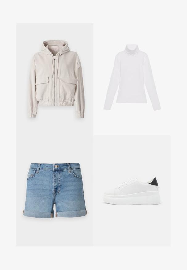 Chaqueta de pana beige con capucha, cremallera frontal, dos bolsillos en el pecho y dobladillo y puños elásticos. Textura suave con patrón de canalé visible.; Top blanco de manga larga y cuello alto, confeccionado en una tela suave y elástica. Presenta un diseño ajustado, sin patrones o adornos visibles.; Pantalones cortos de denim azul claro con dobladillos enrollados, cierre frontal con botón y diseño de cinco bolsillos con detalles de costura en contraste.; Zapatillas de plataforma blancas hechas de material sintético suave, con punta redondeada, diseño de cordones y suela de goma texturizada. Acento en el talón negro.