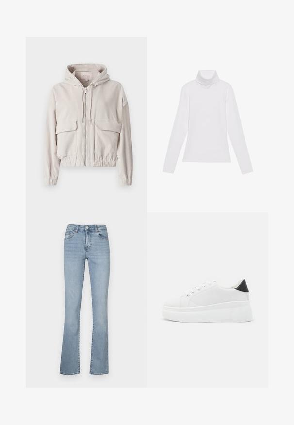 Bež jakna od kordura s kapuljačom, prednjim zatvaračem, dva džepa na prsima i elastičnim rubovima te manžetama. Mekana tekstura s vidljivim rebrastim uzorkom.; Bijela majica dugih rukava s rolificom izrađena od glatkog, rastezljivog materijala. Ima visoki ovratnik i uski kroj, bez vidljivih uzoraka ili ukrasa.; Svijetloplavi traper široki traperice s visokim strukom, sa zatvaranjem na zip i gumb, pet džepova i suptilnim izblijeđivanjem uz noge.; Bijele platforme tenisice napravljene od glatkog sintetičkog materijala, s okruglim vrhom, dizajnom s vezanjem i teksturiranom gumenom potplatom. Crni detalj na peti.