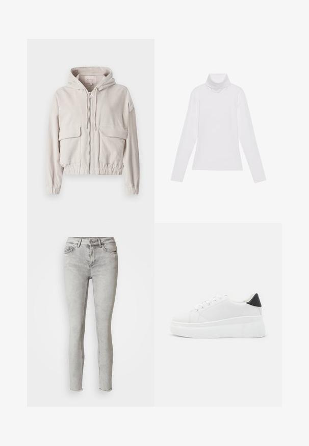 Bež jakna od kordura s kapuljačom, prednjim zatvaračem, dva džepa na prsima i elastičnim rubovima te manžetama. Mekana tekstura s vidljivim rebrastim uzorkom.; Bijela majica dugih rukava s rolificom izrađena od glatkog, rastezljivog materijala. Ima visoki ovratnik i uski kroj, bez vidljivih uzoraka ili ukrasa.; Svijetlosivi uski traperice, visokog struka, s pet džepova i izraženim rubovima na gležnjevima. Glatka tekstura s blagim izblijedjenjem.; Bijele platforme tenisice napravljene od glatkog sintetičkog materijala, s okruglim vrhom, dizajnom s vezanjem i teksturiranom gumenom potplatom. Crni detalj na peti.