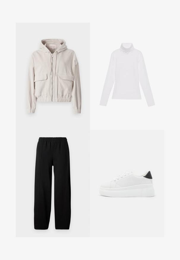 Beżowa kurtka z sztruksu z kapturem, zamek błyskawiczny z przodu, dwie kieszenie na piersi oraz elastyczne mankiety i dół. Miękka tekstura z widocznym prążkowanym wzorem.; Biała bluzka z długim rękawem i golfem, wykonana z gładkiego, elastycznego materiału. Posiada wysoki kołnierz i dopasowany krój, bez widocznych wzorów czy zdobień.; Czarne spodnie o szerokich nogawkach z elastycznym paskiem w talii i widocznymi pionowymi szwami na każdej nogawce na białym tle.; Białe sneakersy na platformie wykonane z gładkiego materiału syntetycznego, z zaokrąglonym noskiem, sznurowanym zapięciem i teksturowaną gumową podeszwą. Czarne akcenty na pięcie.