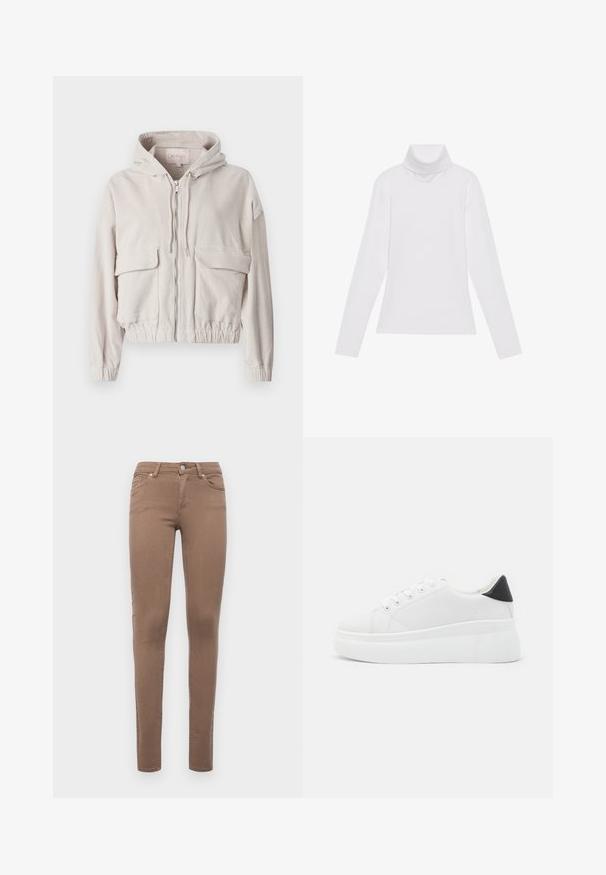 Beige corduroy jas met een capuchon, voorrits, twee borstzakken en een elastische onderrand en manchetten. Zachte textuur met zichtbaar ribbelpatroon.; Witte lange mouw turtleneck top gemaakt van glad, elastisch materiaal. Voorzien van een hoge kraag en een getailleerd ontwerp, zonder zichtbare patronen of versieringen.; Bruine skinny jeans gemaakt van een katoenmix. Voorzien van vijf zakken, riemlussen en een sluiting met een knop aan de voorkant. Soepele textuur.; Witte platform sneakers van glad synthetisch materiaal, met een afgeronde neus, vetersluiting en een gestructureerde rubberen zool. Zwarte hielaccent.