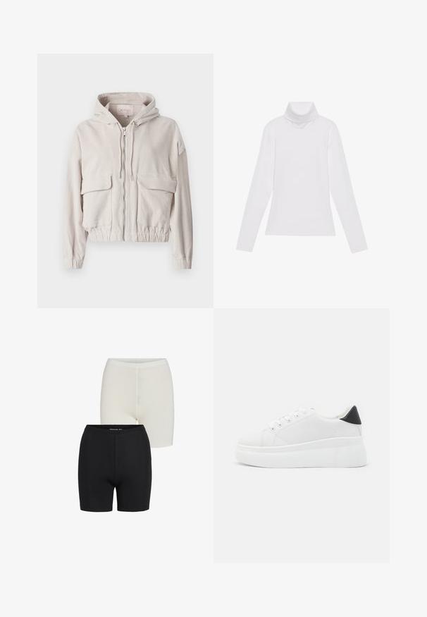 Bežová kordúrová bunda s kapucňou, predným zipsom, dvoma vreckami na hrudi a elastickým lemom a manžetami. Mäkka textúra s viditeľným rebrovaným vzorom.; Biely dlhý rukáv v štýle roláka vyrobený z hladkej, elastickej tkaniny. Má vysoký golier a priliehavý strih, bez viditeľných vzorov alebo ozdôb.; Čierno-biele elastické šortky bez švov s elastickým pásom a hladkou textúrou.; Biele platformové tenisky vyrobené z hladkého syntetického materiálu, so zaoblenou špičkou, šnurovacím dizajnom a textúrovanou gumovou podrážkou. Čierny akcent na päte.
